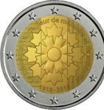 Монета Франции 2 евро "Василёк Воспоминания (к окончанию Первой мировой войны") AU, 2018 год